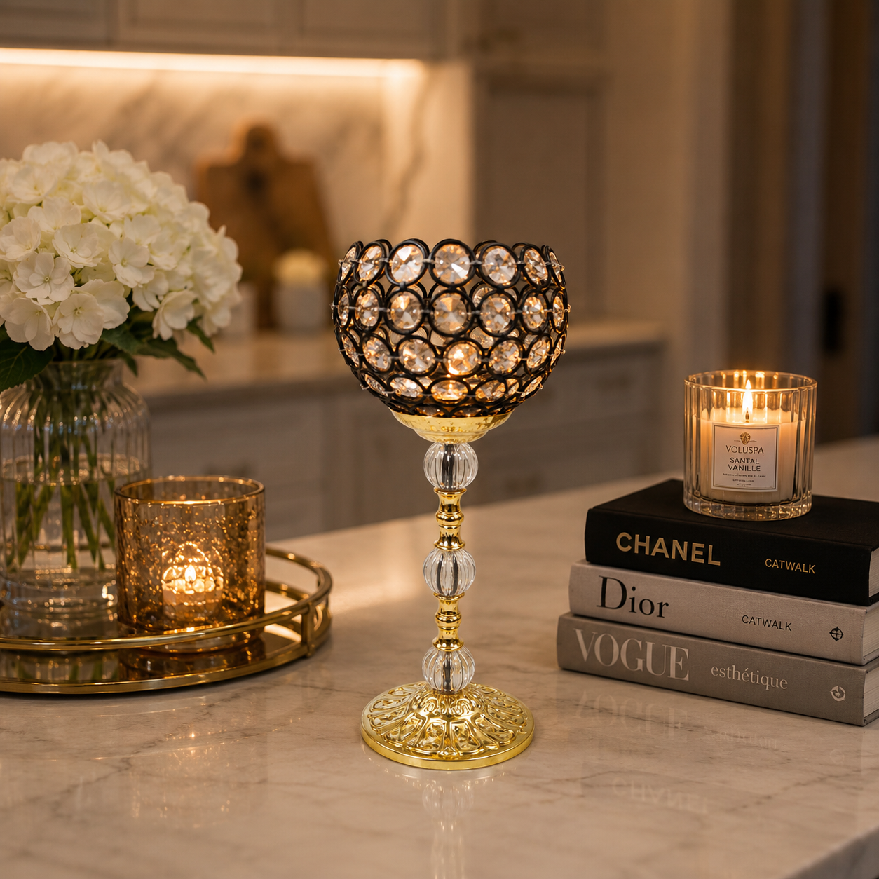 CANDLE HOLDER SINGLE 25 CM GOLD CYRSTAL