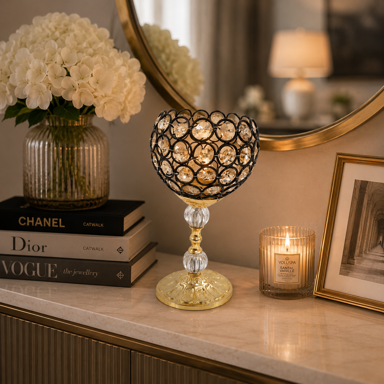 CANDLE HOLDER SINGLE 25 CM GOLD CYRSTAL