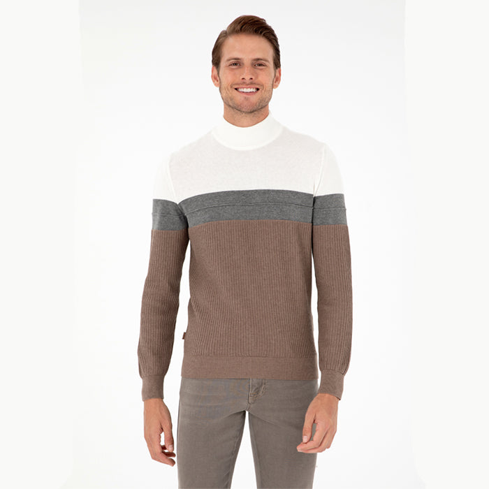 PIERRE CARDIN BROWN WHITE -GREY-HALF PULL NECKSWEATER