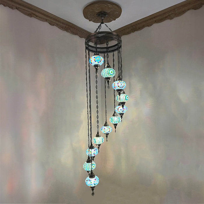 MOSAIC GLASS CHANDELIER ELEVEN GLOBES