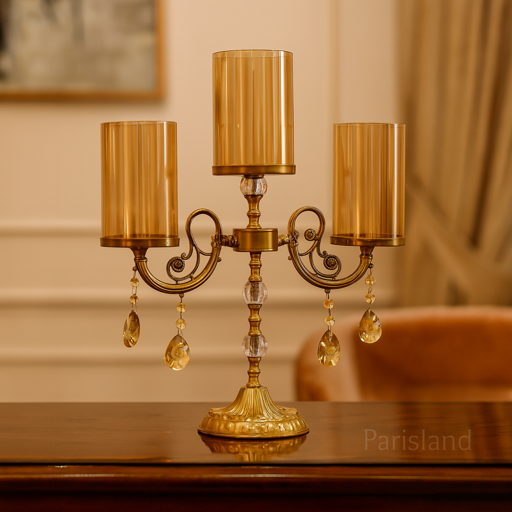 CANDLE HOLDER TRIPLE GLASS GOLD SIRINLER