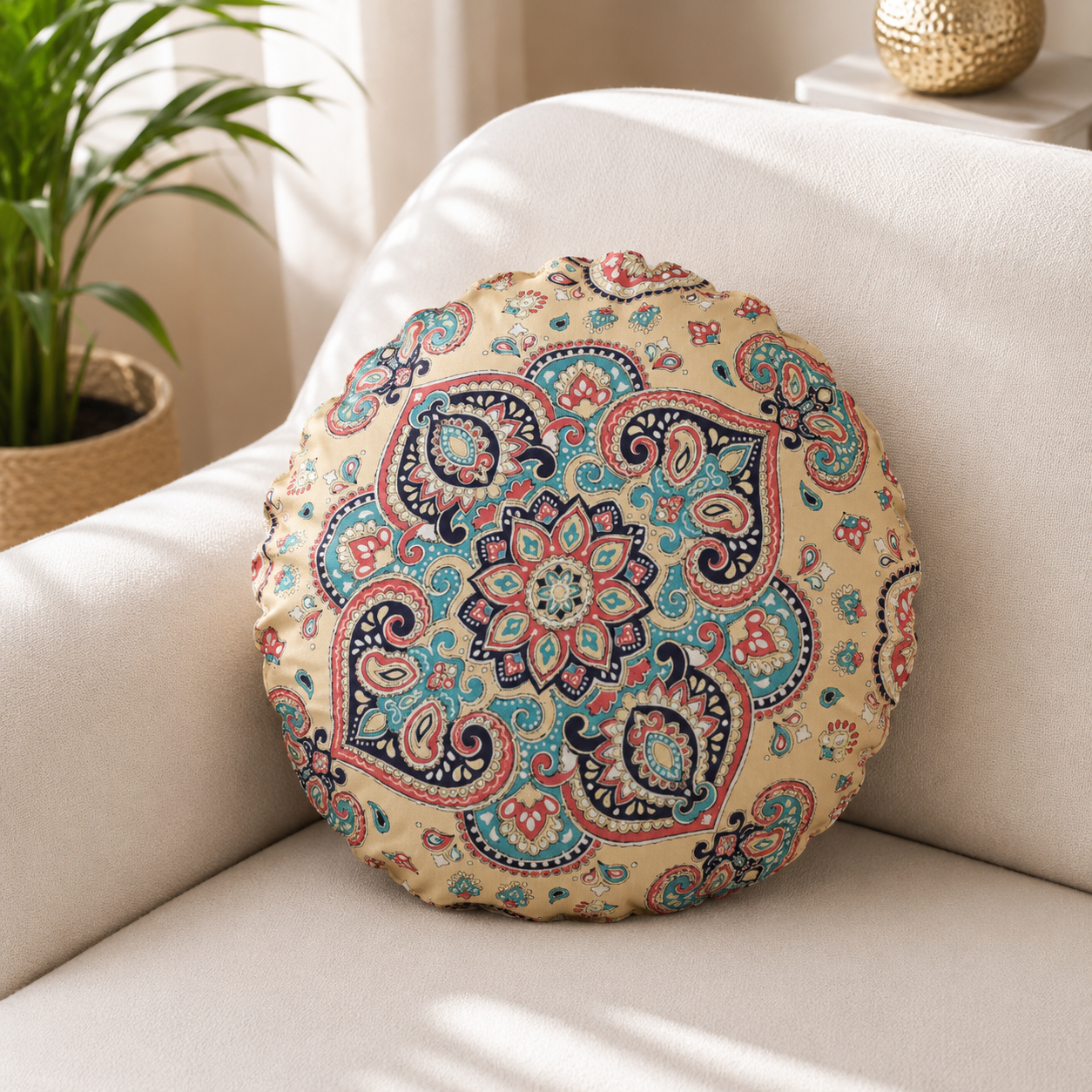 CUSHION COVER ROUND 43 CM SUEDE FABRIC ONE SIDE PRINTED