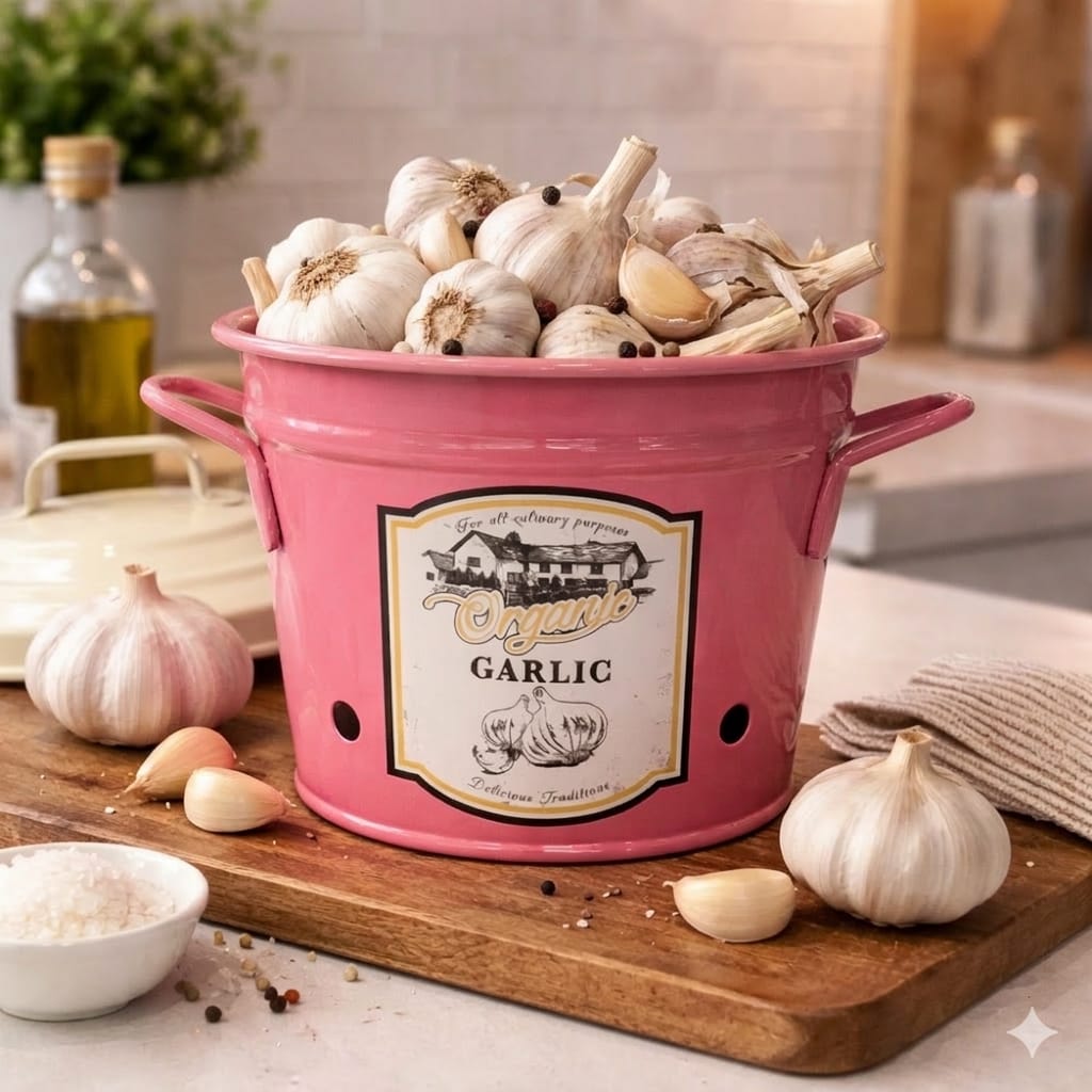 Pink Galvanized Garlic Container