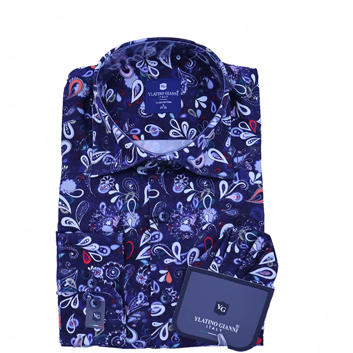 YGIANNI COTTON SATIN NAVY FLORAL SHIRT WITH P SQUARE