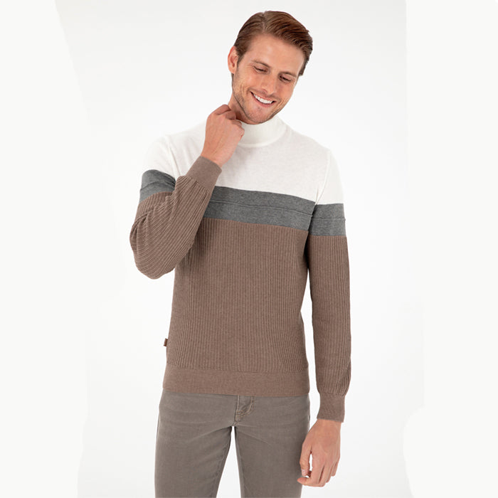 PIERRE CARDIN BROWN WHITE -GREY-HALF PULL NECKSWEATER