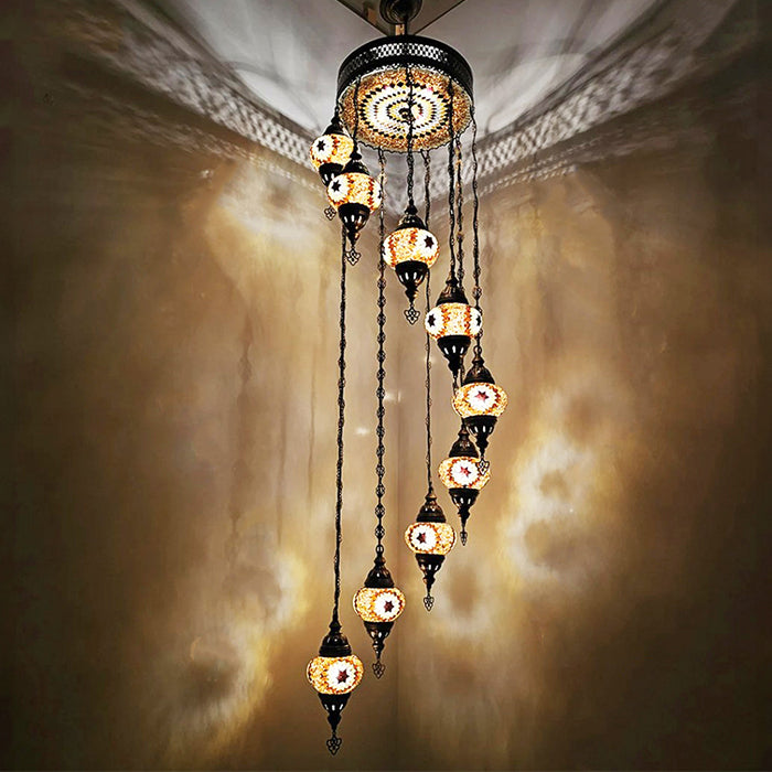 MOSAIC GLASS CHANDELIER NINE GLOBES