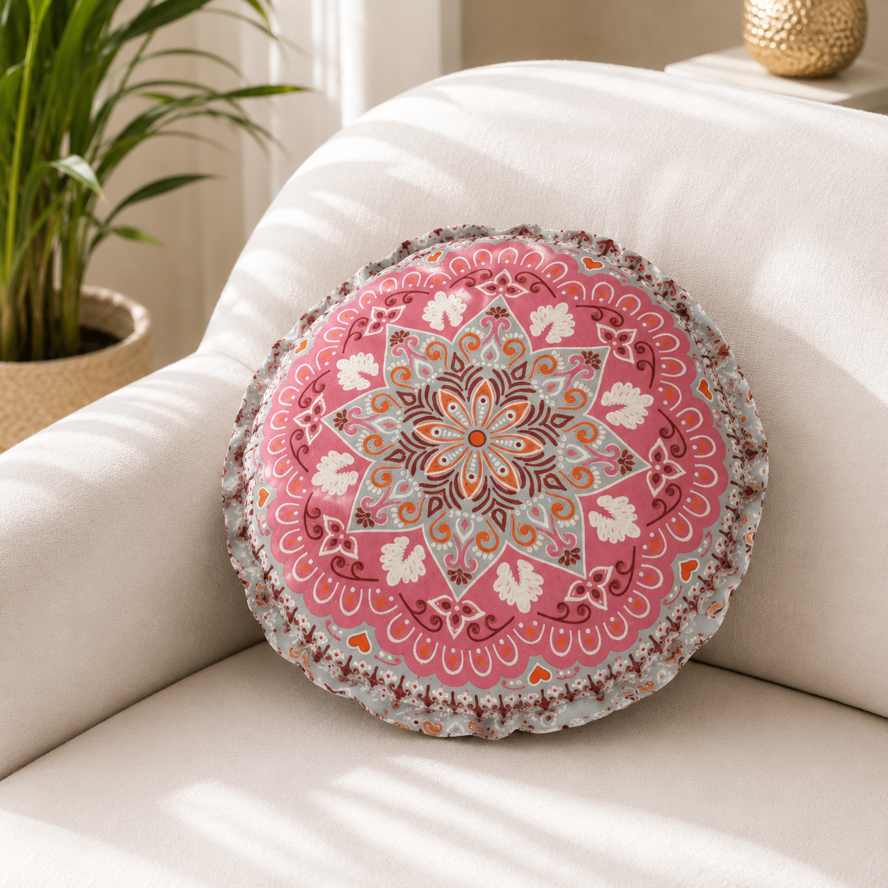CUSHION COVER ROUND 43 CM SUEDE FABRIC ONE SIDE PRINTED