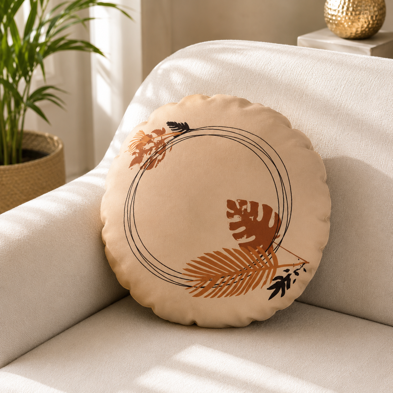 CUSHION COVER ROUND 43 CM SUEDE FABRIC ONE SIDE PRINTED