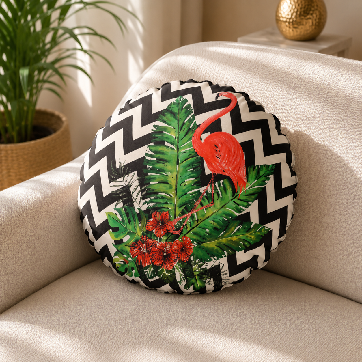 CUSHION COVER ROUND 43 CM SUEDE FABRIC ONE SIDE PRINTED