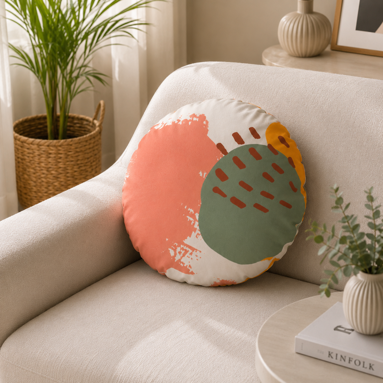 CUSHION COVER ROUND 43 CM SUEDE FABRIC ONE SIDE PRINTED