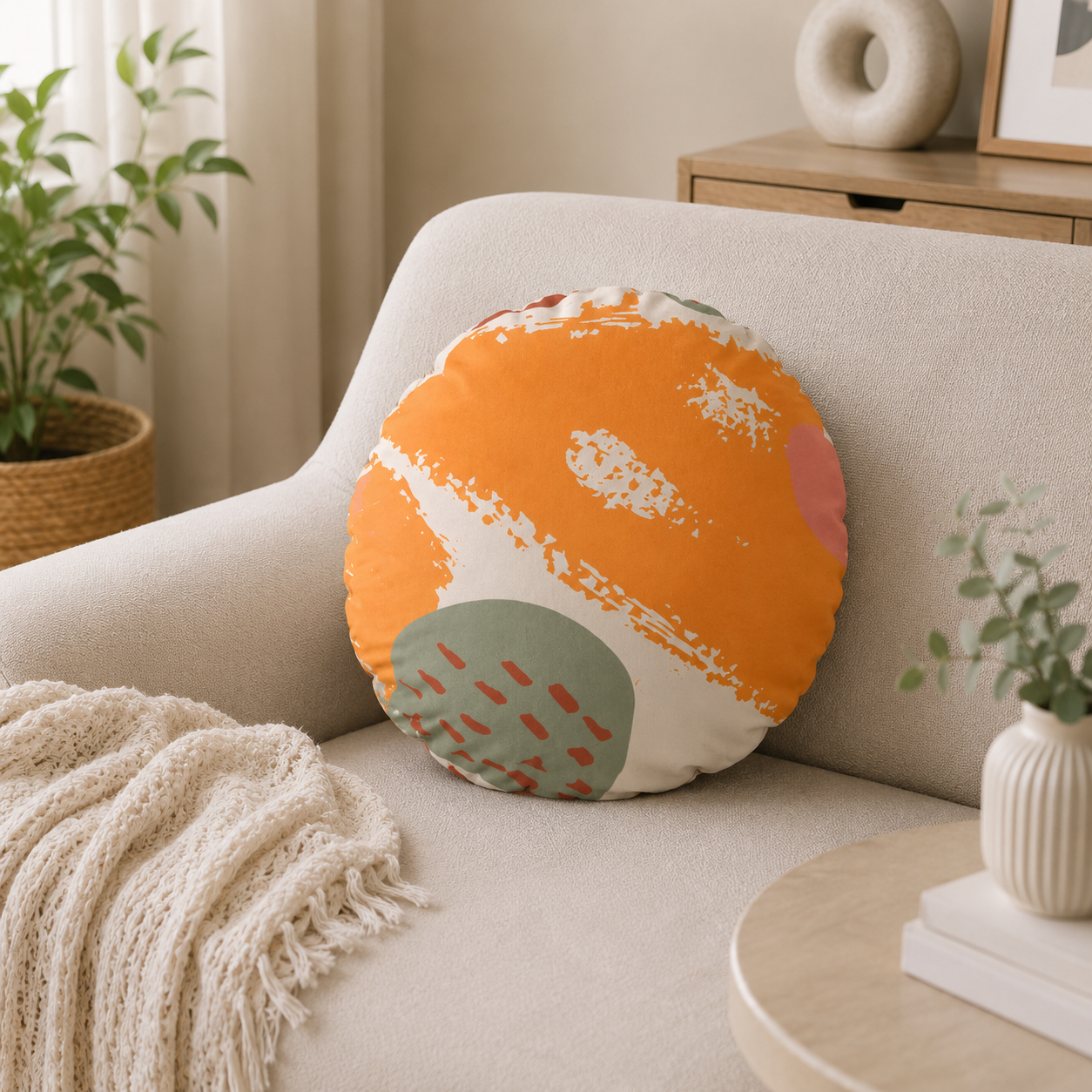 CUSHION COVER ROUND 43 CM SUEDE FABRIC ONE SIDE PRINTED