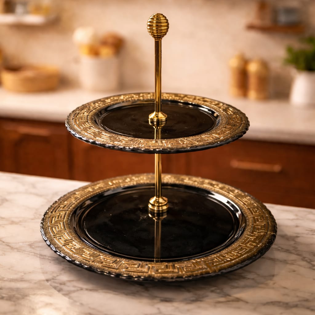 GLASS CAKE PLATE TWO TIER VERSACE DESIGN