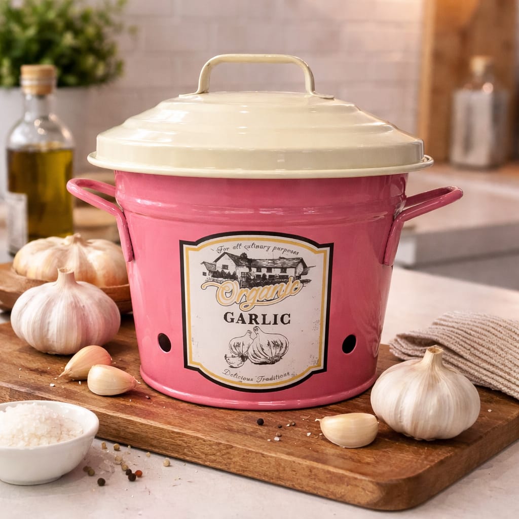 Pink Galvanized Garlic Container
